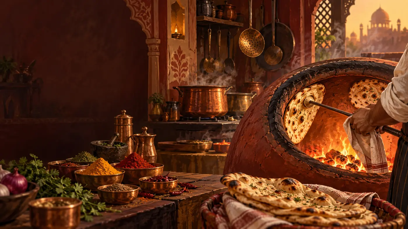 Cuisine indienne traditionnelle, tandoor, épices et naans